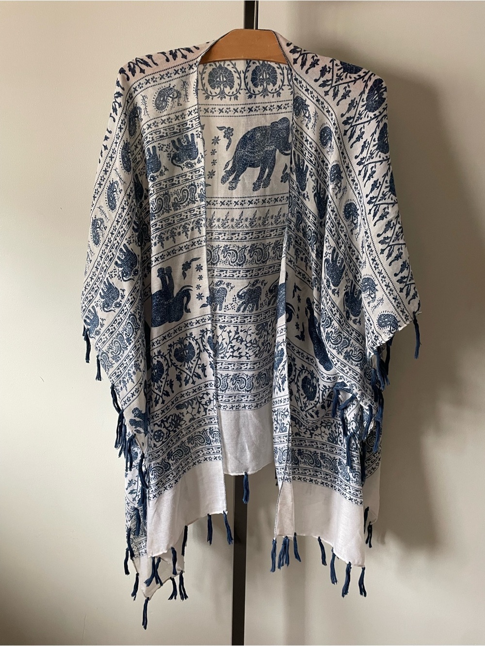Elephant Print Fringe Tassel Kimono Beach Coverup Wrap Gauze Floral Thailand